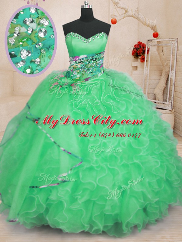 Low Price Apple Green Ball Gowns Organza Sweetheart Sleeveless Beading and Ruffles Floor Length Lace Up Quinceanera Gown