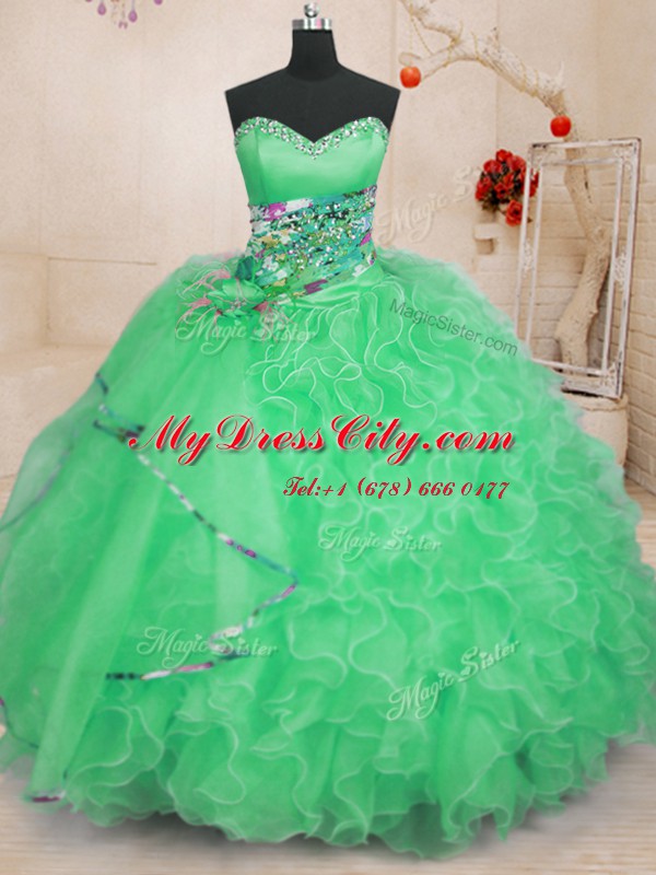 Low Price Apple Green Ball Gowns Organza Sweetheart Sleeveless Beading and Ruffles Floor Length Lace Up Quinceanera Gown