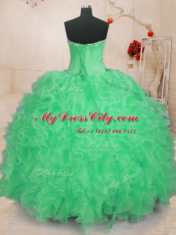 Low Price Apple Green Ball Gowns Organza Sweetheart Sleeveless Beading and Ruffles Floor Length Lace Up Quinceanera Gown