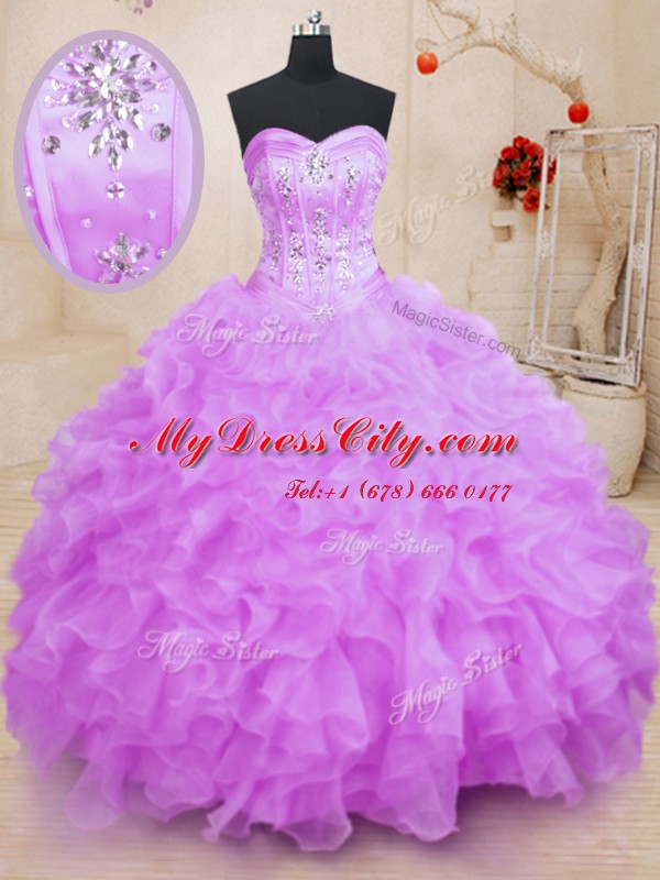 Organza Sweetheart Sleeveless Lace Up Beading and Ruffles Quince Ball Gowns in Lilac