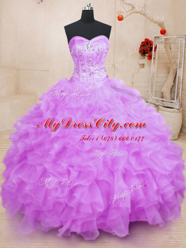 Organza Sweetheart Sleeveless Lace Up Beading and Ruffles Quince Ball Gowns in Lilac