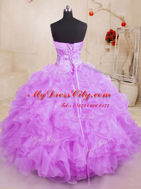 Organza Sweetheart Sleeveless Lace Up Beading and Ruffles Quince Ball Gowns in Lilac