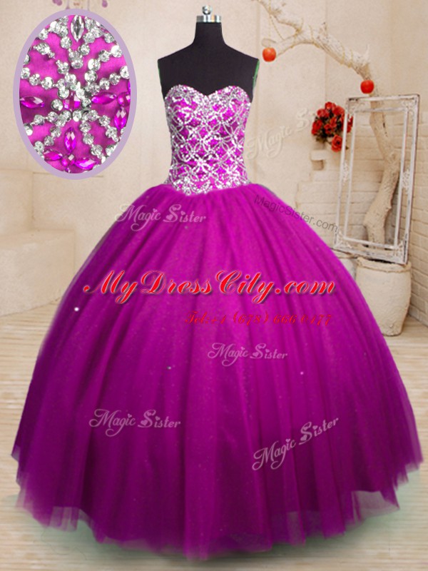 Most Popular Fuchsia Tulle Lace Up Sweetheart Sleeveless Floor Length Quinceanera Dress Beading