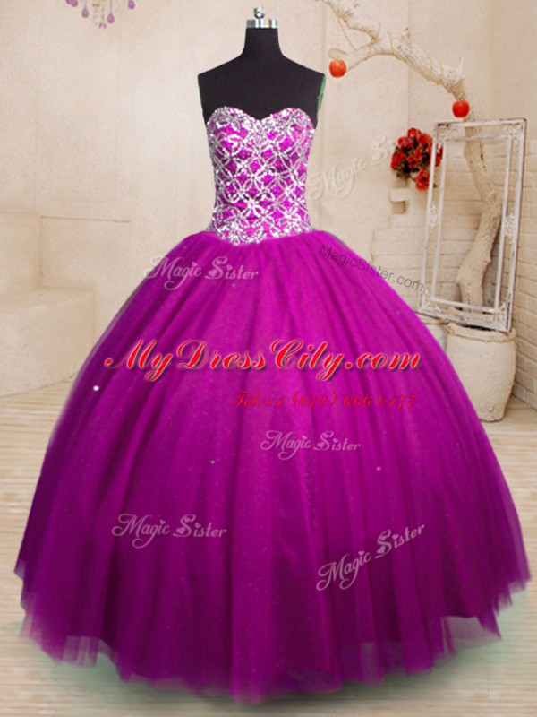 Most Popular Fuchsia Tulle Lace Up Sweetheart Sleeveless Floor Length Quinceanera Dress Beading