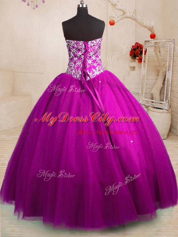 Most Popular Fuchsia Tulle Lace Up Sweetheart Sleeveless Floor Length Quinceanera Dress Beading