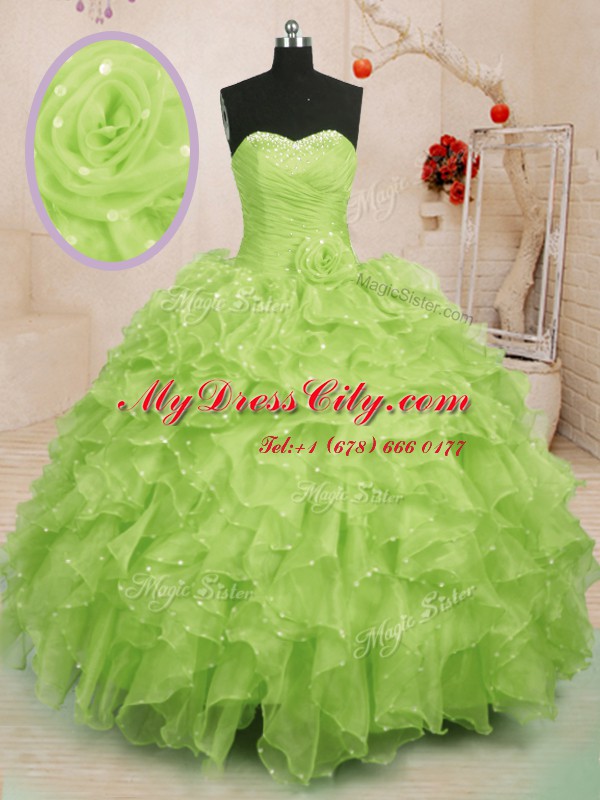 Yellow Green Sleeveless Floor Length Beading and Ruffles and Hand Made Flower Lace Up Quinceanera Gowns