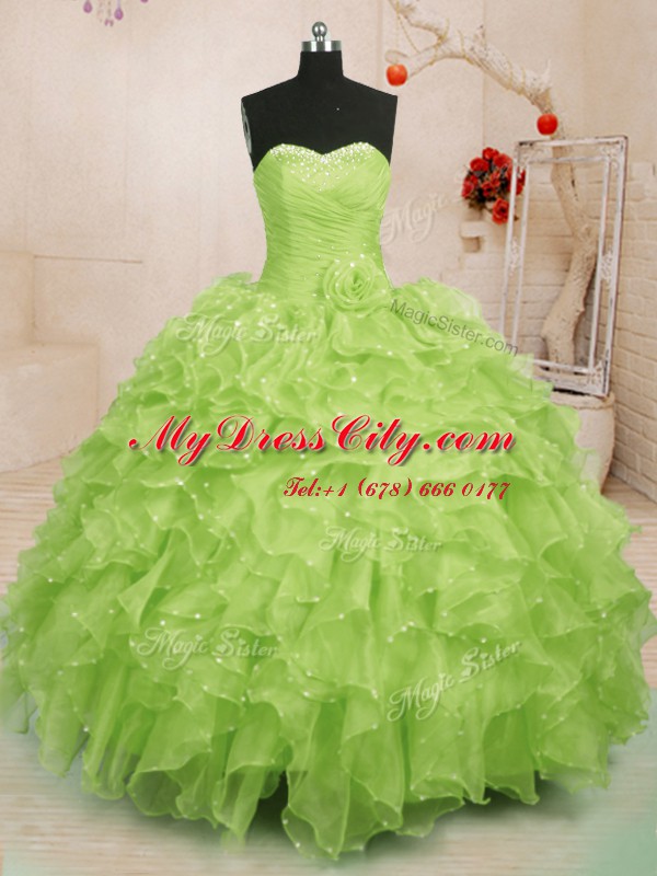 Yellow Green Sleeveless Floor Length Beading and Ruffles and Hand Made Flower Lace Up Quinceanera Gowns