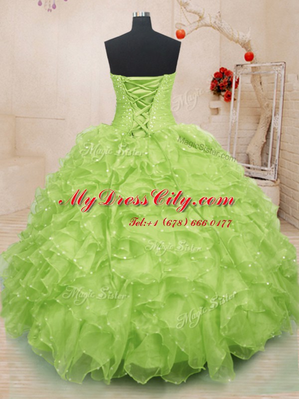 Yellow Green Sleeveless Floor Length Beading and Ruffles and Hand Made Flower Lace Up Quinceanera Gowns