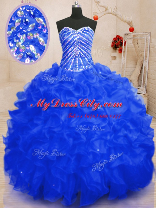 Best Selling Royal Blue Sweetheart Neckline Beading and Ruffles and Sequins Sweet 16 Quinceanera Dress Sleeveless Lace Up