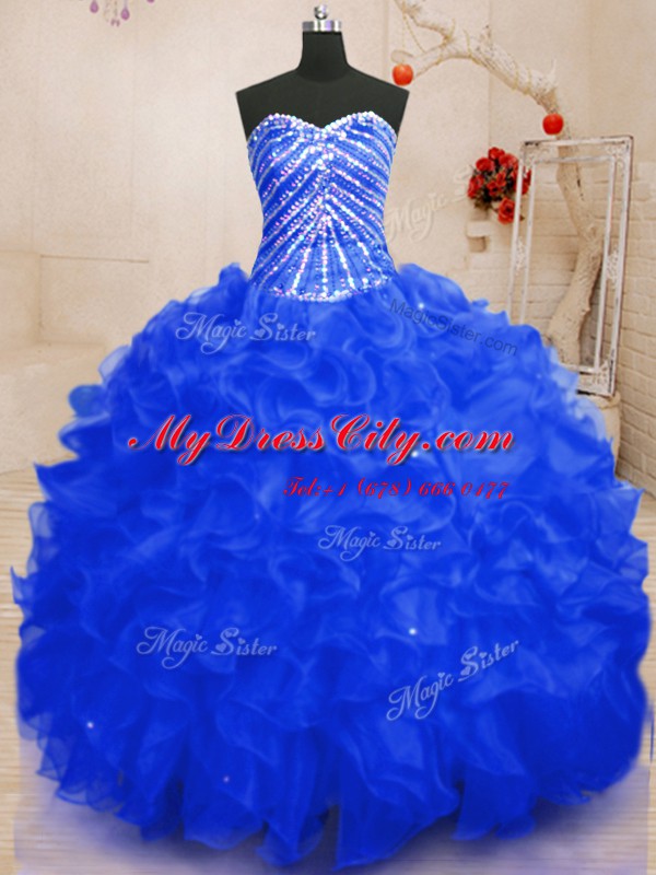 Best Selling Royal Blue Sweetheart Neckline Beading and Ruffles and Sequins Sweet 16 Quinceanera Dress Sleeveless Lace Up