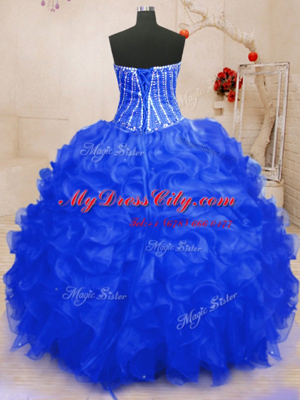 Best Selling Royal Blue Sweetheart Neckline Beading and Ruffles and Sequins Sweet 16 Quinceanera Dress Sleeveless Lace Up