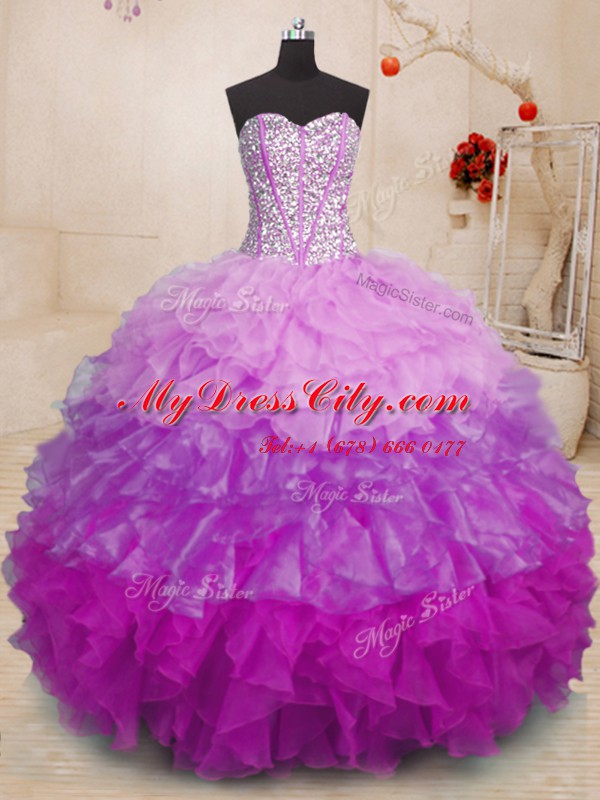 Sleeveless Lace Up Floor Length Beading and Ruffles Quince Ball Gowns