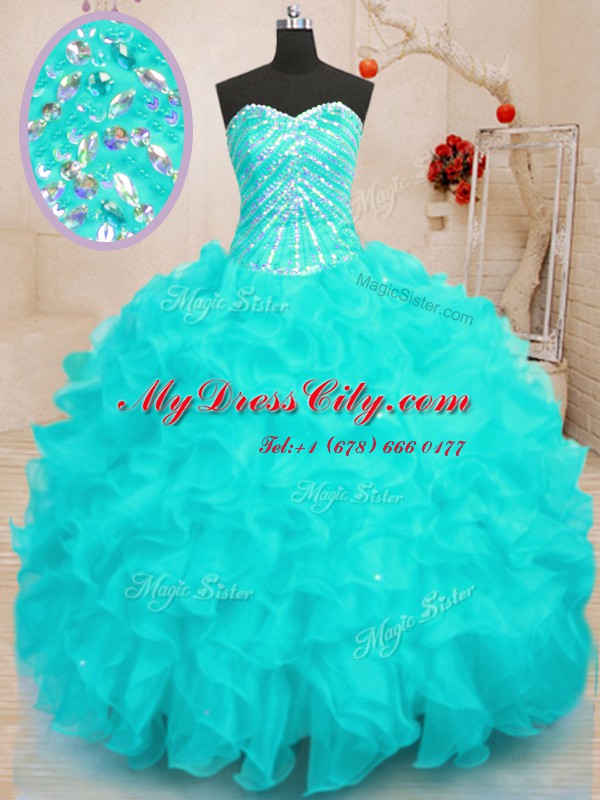 Floor Length Aqua Blue 15th Birthday Dress Organza Sleeveless Beading and Ruffles and Sequins