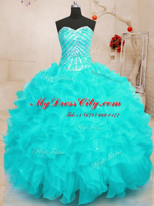 Floor Length Aqua Blue 15th Birthday Dress Organza Sleeveless Beading and Ruffles and Sequins