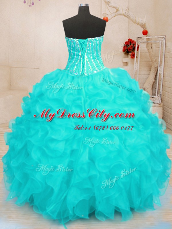 Floor Length Aqua Blue 15th Birthday Dress Organza Sleeveless Beading and Ruffles and Sequins