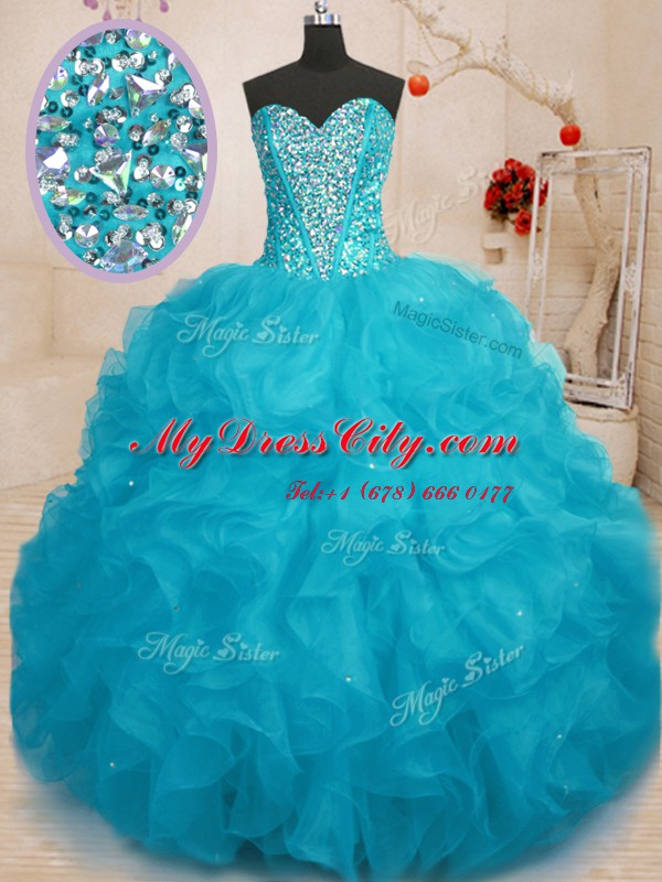 Customized Aqua Blue Sweetheart Neckline Beading Quince Ball Gowns Sleeveless Lace Up