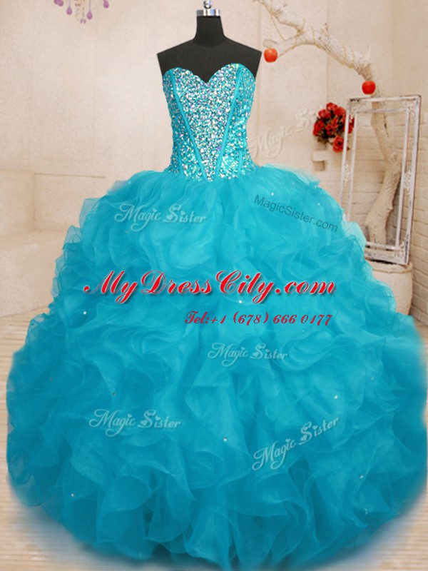 Customized Aqua Blue Sweetheart Neckline Beading Quince Ball Gowns Sleeveless Lace Up