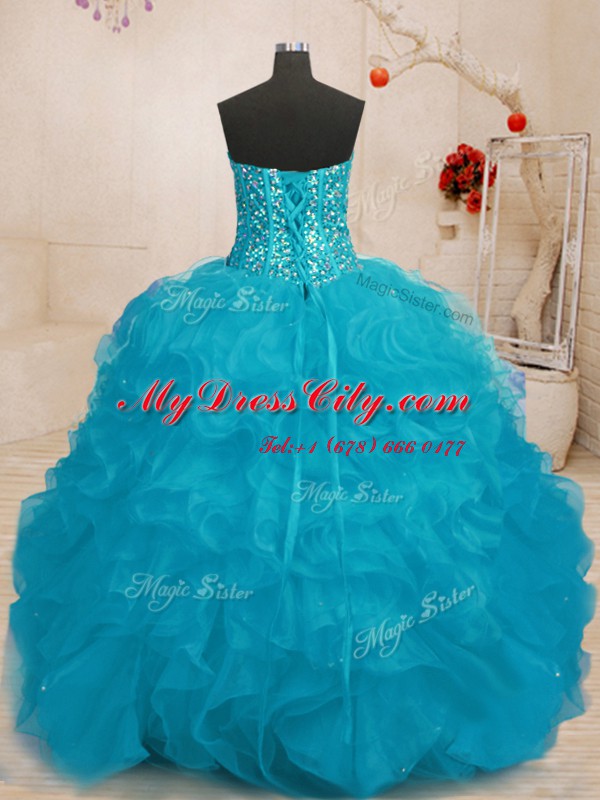 Customized Aqua Blue Sweetheart Neckline Beading Quince Ball Gowns Sleeveless Lace Up