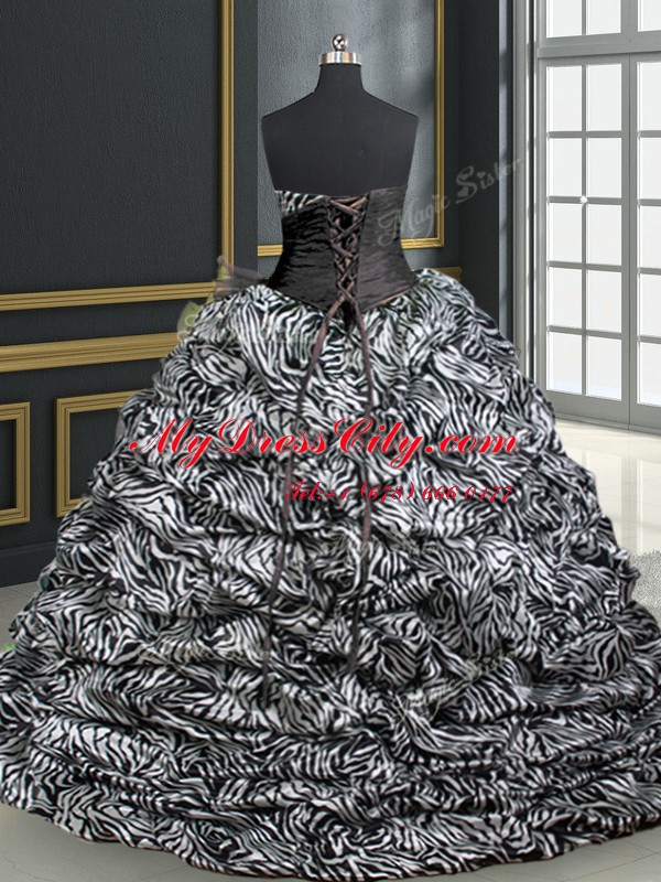 High Quality Printed Black 15th Birthday Dress Military Ball and Sweet 16 and Quinceanera and For with Beading and Ruffles and Pattern Sweetheart Sleeveless Brush Train Lace Up