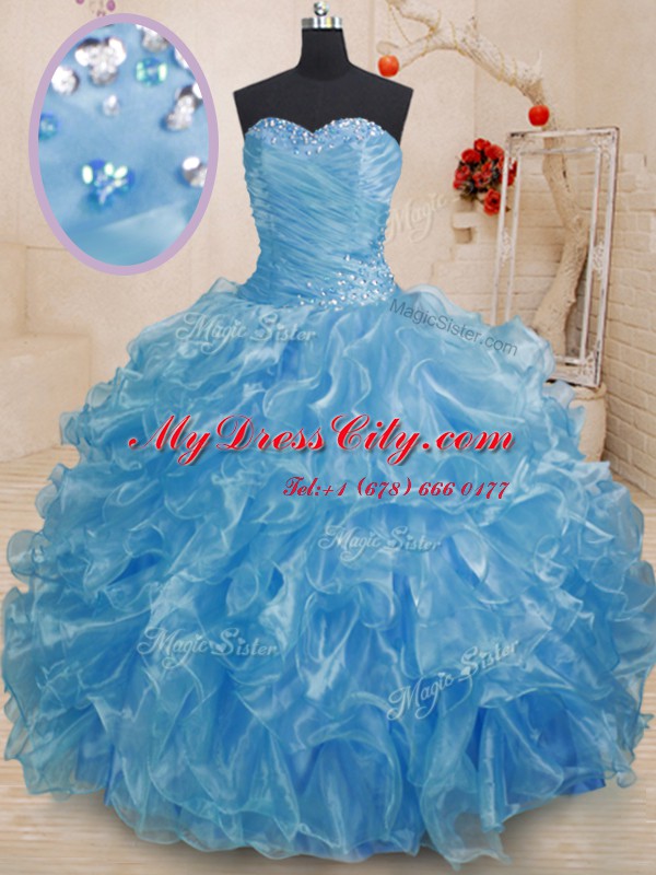 Eye-catching Blue Ball Gowns Organza Sweetheart Sleeveless Beading and Ruffles Floor Length Lace Up Quinceanera Dress