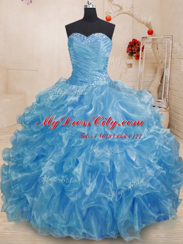 Eye-catching Blue Ball Gowns Organza Sweetheart Sleeveless Beading and Ruffles Floor Length Lace Up Quinceanera Dress