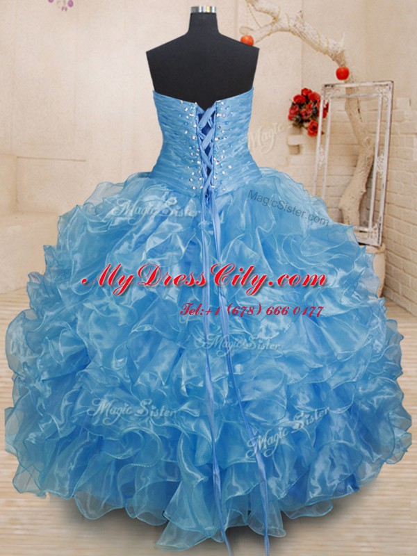 Eye-catching Blue Ball Gowns Organza Sweetheart Sleeveless Beading and Ruffles Floor Length Lace Up Quinceanera Dress