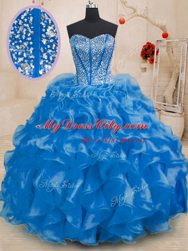 Royal Blue Ball Gowns Organza Sweetheart Sleeveless Beading and Ruffles Floor Length Lace Up 15 Quinceanera Dress