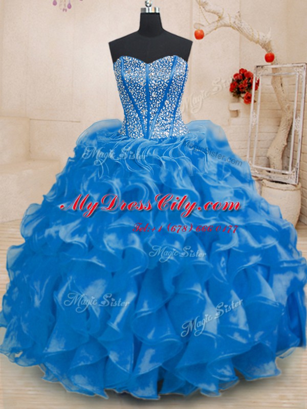 Royal Blue Ball Gowns Organza Sweetheart Sleeveless Beading and Ruffles Floor Length Lace Up 15 Quinceanera Dress