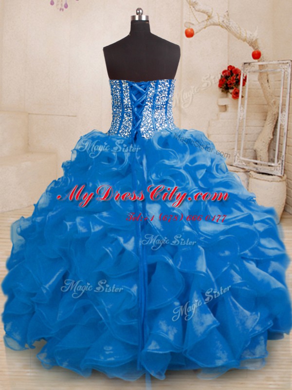 Royal Blue Ball Gowns Organza Sweetheart Sleeveless Beading and Ruffles Floor Length Lace Up 15 Quinceanera Dress