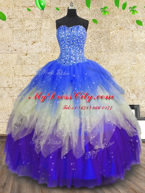 Sweetheart Sleeveless 15th Birthday Dress Floor Length Beading and Sequins Multi-color Tulle