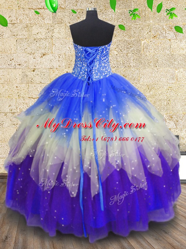 Sweetheart Sleeveless 15th Birthday Dress Floor Length Beading and Sequins Multi-color Tulle