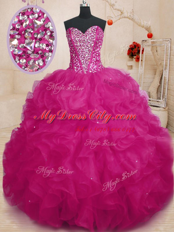 Ideal Fuchsia Sleeveless Beading and Ruffles Floor Length Sweet 16 Dress