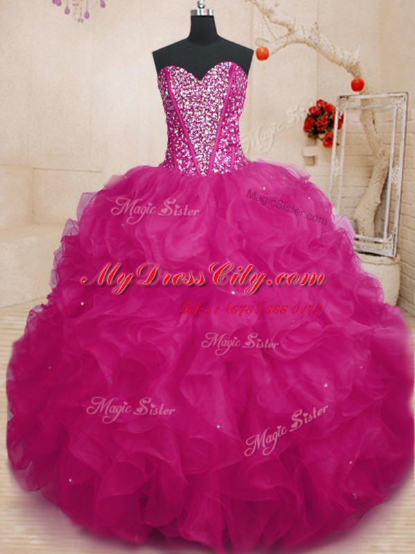 Ideal Fuchsia Sleeveless Beading and Ruffles Floor Length Sweet 16 Dress