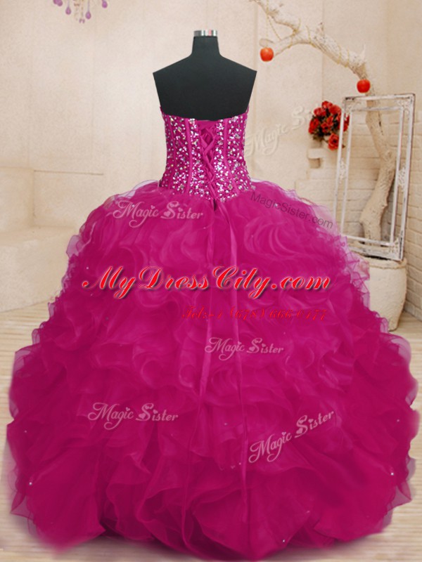 Ideal Fuchsia Sleeveless Beading and Ruffles Floor Length Sweet 16 Dress