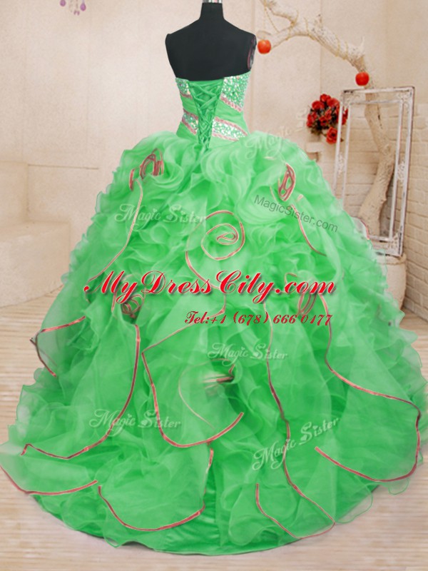 Beading and Ruffles Quinceanera Dresses Lace Up Sleeveless With Brush Train