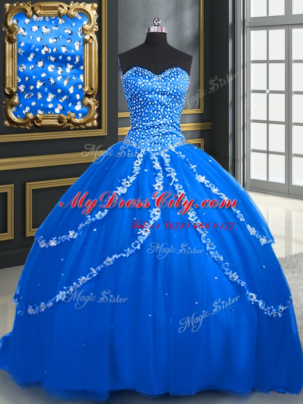 High Class Blue Ball Gowns Sweetheart Sleeveless Tulle With Brush Train Lace Up Beading and Appliques 15th Birthday Dress