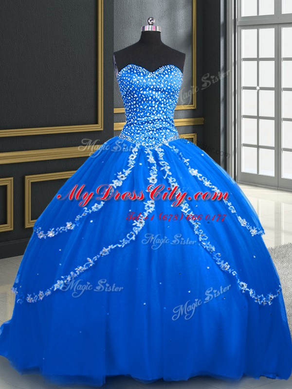 High Class Blue Ball Gowns Sweetheart Sleeveless Tulle With Brush Train Lace Up Beading and Appliques 15th Birthday Dress