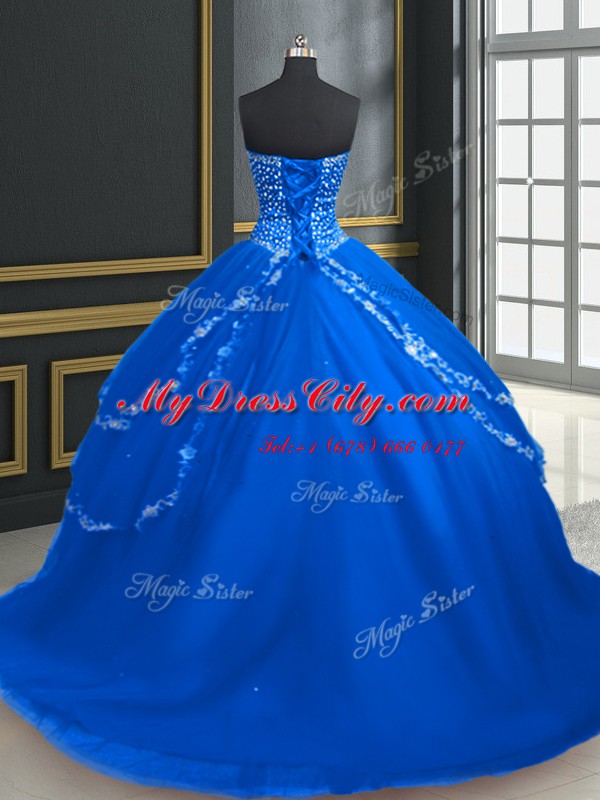 High Class Blue Ball Gowns Sweetheart Sleeveless Tulle With Brush Train Lace Up Beading and Appliques 15th Birthday Dress