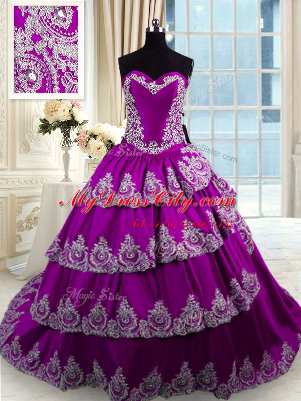 Eggplant Purple Taffeta Lace Up Sweetheart Sleeveless With Train Quinceanera Gowns Beading and Appliques and Ruffled Layers