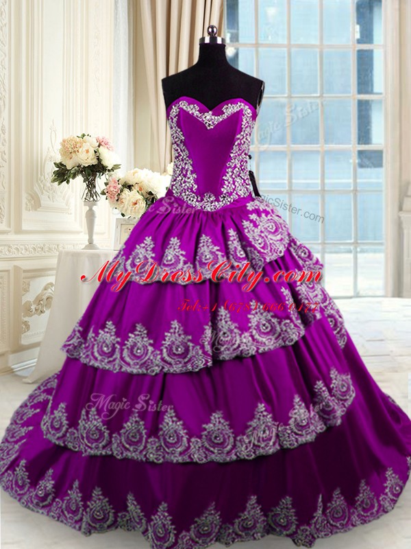 Eggplant Purple Taffeta Lace Up Sweetheart Sleeveless With Train Quinceanera Gowns Beading and Appliques and Ruffled Layers