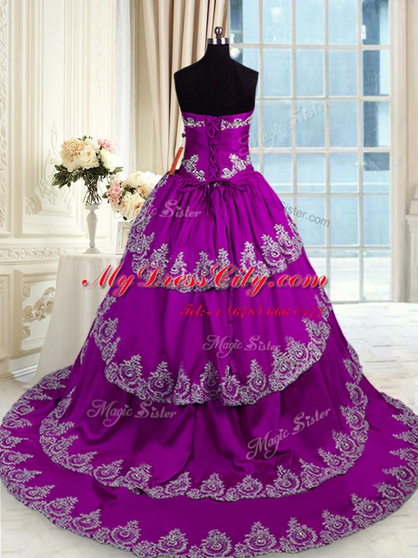 Eggplant Purple Taffeta Lace Up Sweetheart Sleeveless With Train Quinceanera Gowns Beading and Appliques and Ruffled Layers