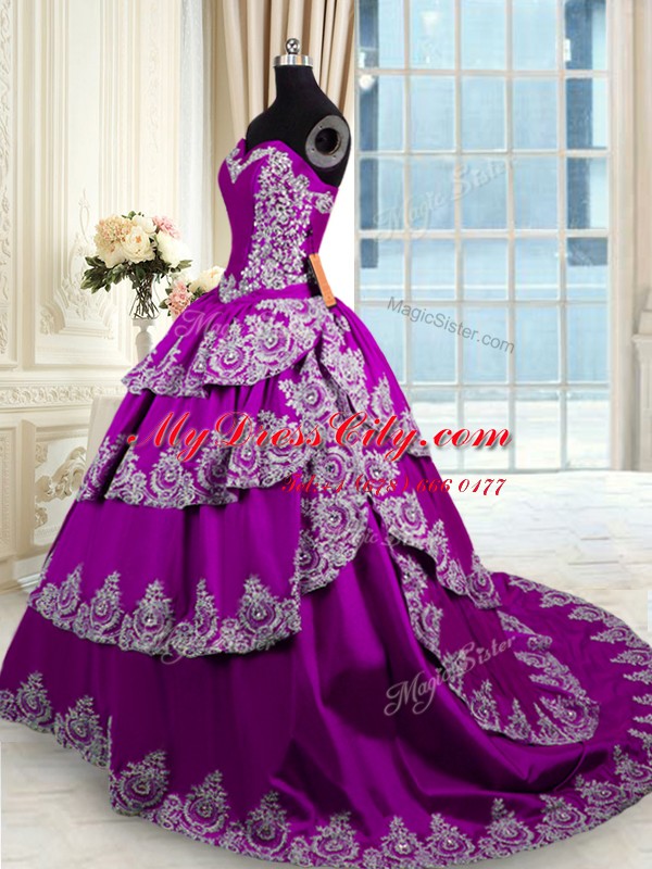 Eggplant Purple Taffeta Lace Up Sweetheart Sleeveless With Train Quinceanera Gowns Beading and Appliques and Ruffled Layers