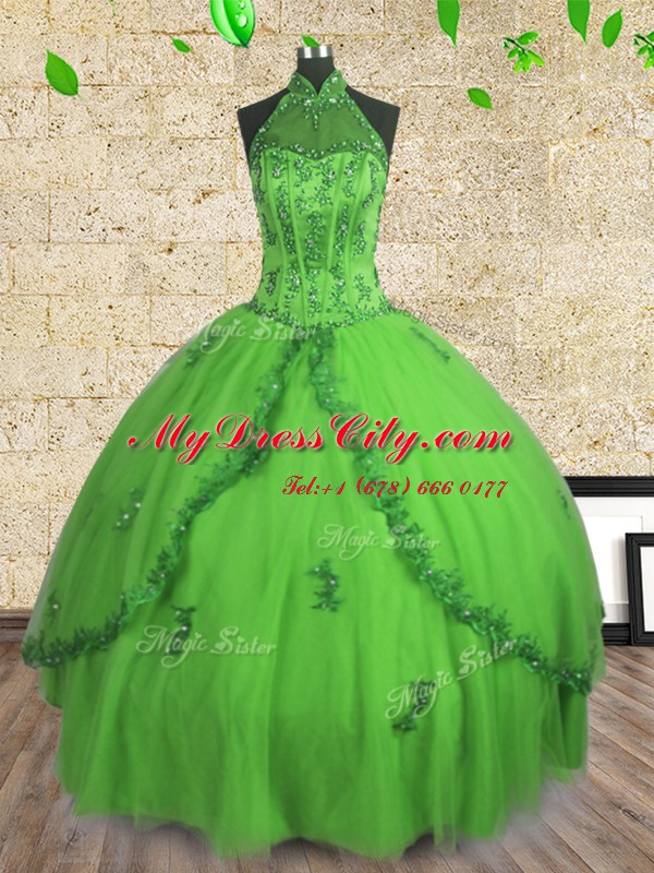 Amazing Halter Top Sleeveless Tulle Lace Up Sweet 16 Dress for Military Ball and Sweet 16 and Quinceanera