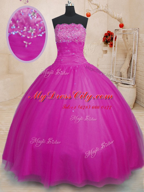 Clearance Floor Length Ball Gowns Sleeveless Fuchsia Sweet 16 Dresses Lace Up