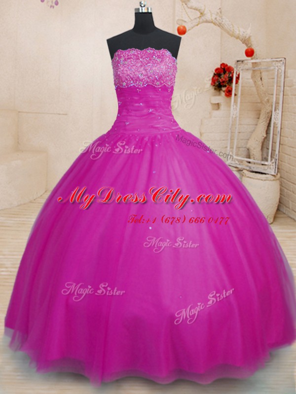 Clearance Floor Length Ball Gowns Sleeveless Fuchsia Sweet 16 Dresses Lace Up