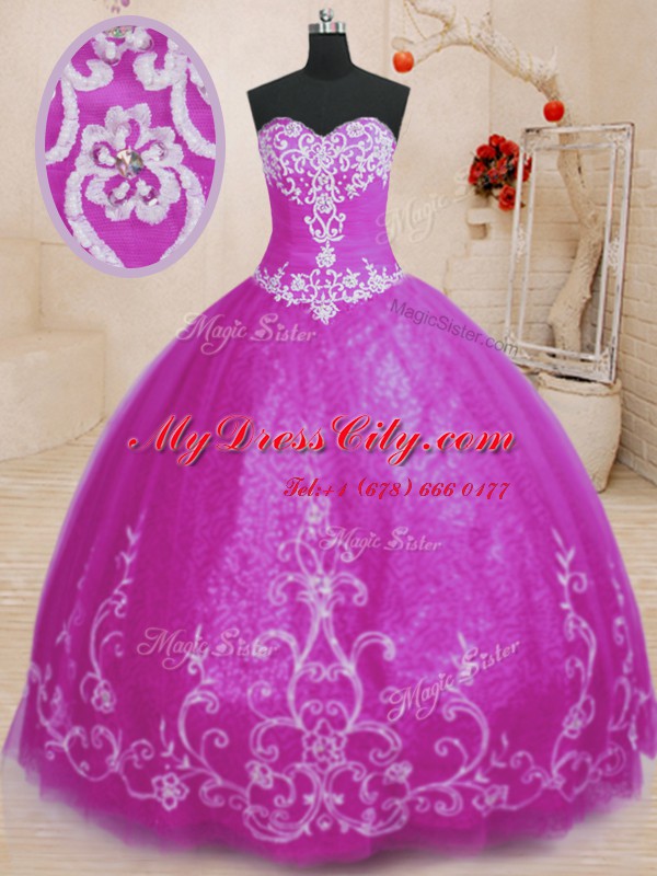 Enchanting Fuchsia Tulle Lace Up Quinceanera Gown Sleeveless Floor Length Beading and Embroidery