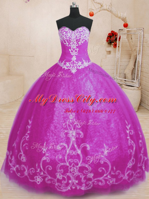 Enchanting Fuchsia Tulle Lace Up Quinceanera Gown Sleeveless Floor Length Beading and Embroidery