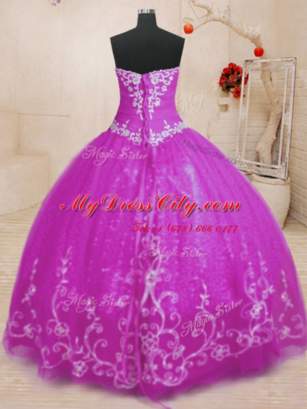 Enchanting Fuchsia Tulle Lace Up Quinceanera Gown Sleeveless Floor Length Beading and Embroidery