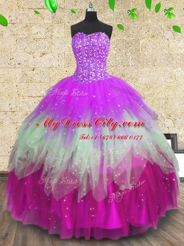 Top Selling Multi-color Tulle Lace Up Vestidos de Quinceanera Sleeveless Floor Length Beading and Ruffles and Ruffled Layers