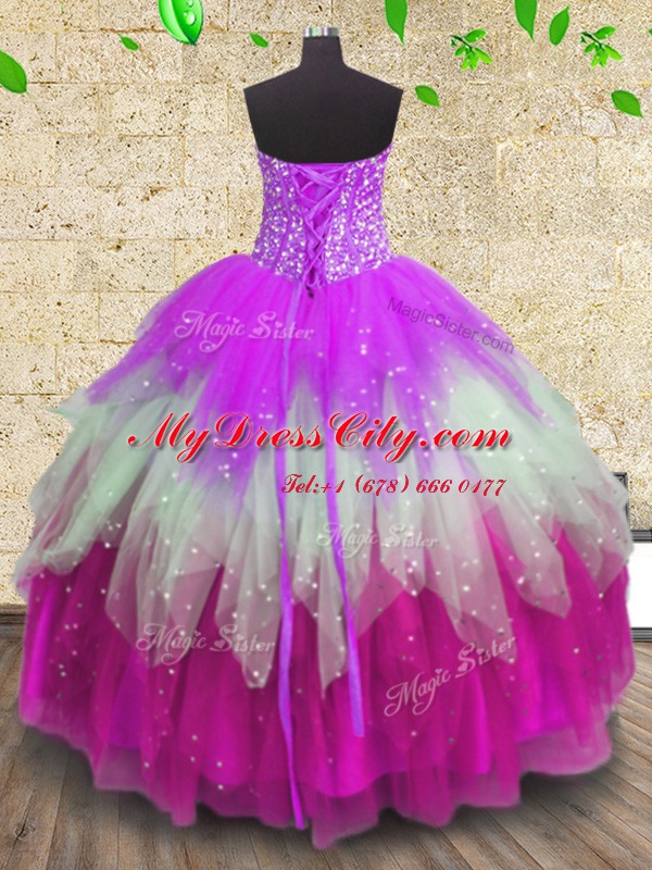 Top Selling Multi-color Tulle Lace Up Vestidos de Quinceanera Sleeveless Floor Length Beading and Ruffles and Ruffled Layers